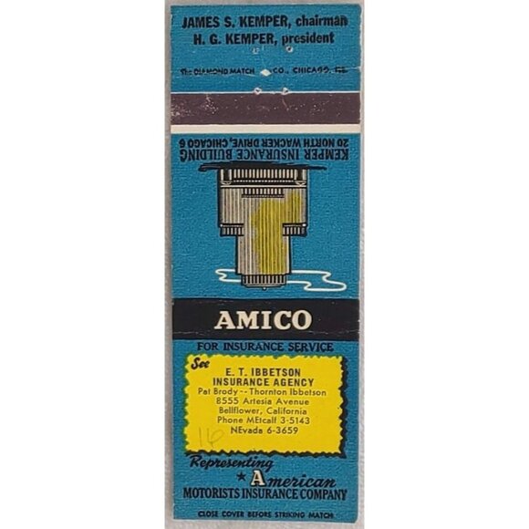 Vintage Matchbook Cover AMICO Kemper Insurance Building Chicago IL Illinois - Picture 2 of 4